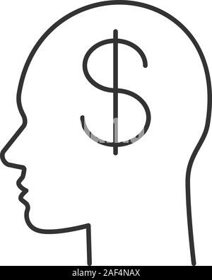 Testa umana con il simbolo del dollaro all'interno icona lineare. Idea di business. Linea sottile illustrazione. I soldi sul conto. Simbolo di contorno. Il vettore isolato disegno di contorno Illustrazione Vettoriale