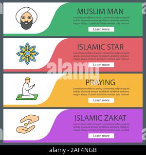 La cultura islamica modelli di banner per il web set. Uomo musulmano, stella islamica, orante, zakat. Colore del sito le voci di menu. Le intestazioni del vettore i concetti di progettazione Illustrazione Vettoriale