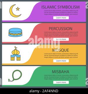 La cultura islamica modelli di banner per il web set. Luna crescente e stella, moschea, misbaha, DAF. Colore del sito le voci di menu. Le intestazioni del vettore i concetti di progettazione Illustrazione Vettoriale