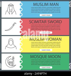 La cultura islamica modelli di banner per il web set. Musulmani l uomo e la donna, scimitar spada, la moschea e il ramadan luna. Sito web di voci di menu con icone lineare. Vettore Illustrazione Vettoriale