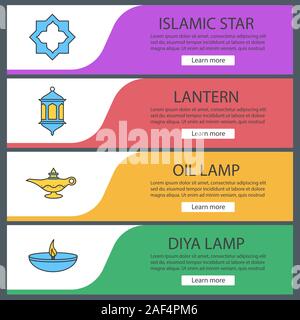 La cultura islamica modelli di banner per il web set. Stella musulmana, lanterna, lampade ad olio. Colore del sito le voci di menu. Le intestazioni del vettore i concetti di progettazione Illustrazione Vettoriale