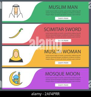 La cultura islamica modelli di banner per il web set. Musulmani l uomo e la donna, scimitar spada, la moschea e il ramadan luna. Colore del sito le voci di menu. Vettore desi intestazioni Illustrazione Vettoriale