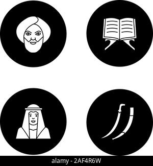 La cultura islamica glifo set di icone. Uomini musulmani in abiti tradizionali, Corano libro, scimitar spada. Vettore silhouette bianca illustrazioni nel cerchio nero Illustrazione Vettoriale