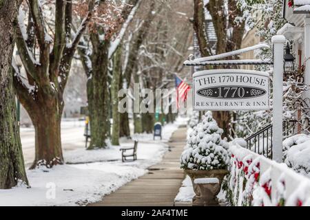 Il 1770 casa in una fredda giornata invernale in East Hampton, NY Foto Stock