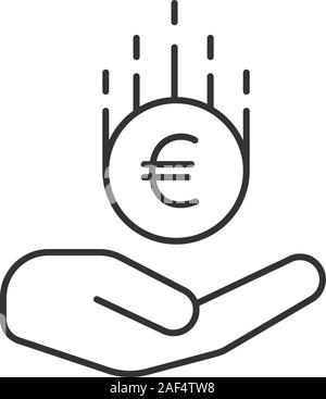 Mano aperta con euro icona lineare. Unione europea valuta. Linea sottile illustrazione. Risparmio di denaro. Simbolo di contorno. Il vettore isolato schizzo. Illustrazione Vettoriale