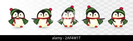 Set di adorabili pinguini di natale. Personaggi natalizi. Natale aiutanti. Poco bellissimi pinguini. Pinguini con dono presenta. Imposta icona. Vettore Illustrazione Vettoriale