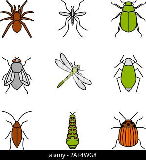 Insetti di colore set di icone. Spider, zanzariera, maybug, scarafaggio, housefly, dragonfly, afidi, Caterpillar, colorado bug. Isolato illustrazioni vettoriali Illustrazione Vettoriale
