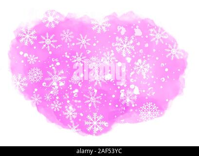 Abstract paesaggio invernale sul rosa schizzi ad acquerello con i fiocchi di neve su sfondo bianco e copia di spazio. Foto Stock
