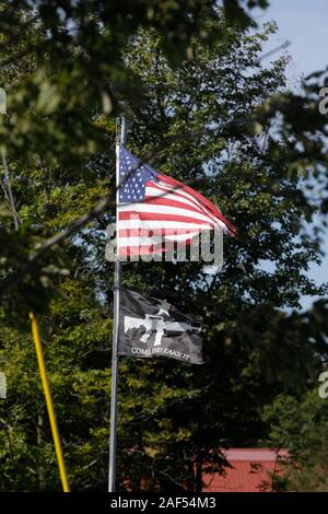 "Venite e prendere l' indicatore con AR-15 fucile da assalto vola sotto bandiera americana nella parte anteriore del rimorchio in Schoharie County, nello Stato di New York, Stati Uniti d'America. Foto Stock