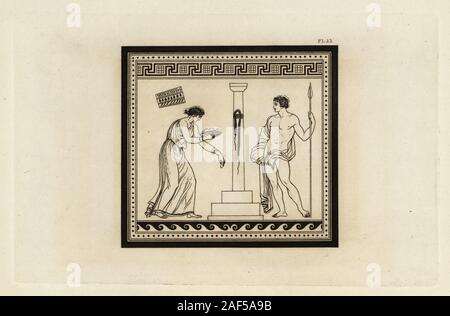 Due figure facendo offerte a una colonna di Castore e Polluce, il Dioscuri. Il filetto nero significa la morte di una divinità. Il cisto è rappresentata invece di un tabernacolo in alto a sinistra. Incisione su rame di Thomas Kirk (1765-1797) da Sir William Hamilton della delinea dalle Figure e composizioni alla greca e romana e vasi etruschi del compianto Sir Hamilton, T. M'magra, Londra, 1834. Foto Stock