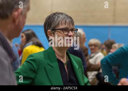 Stroud, Regno Unito. 13 Dic, 2019. Partito dei Verdi candidato Molly Scott Cato arriva a contare in Stroud Credito: Carl Hewlett/Alamy Live News. Foto Stock