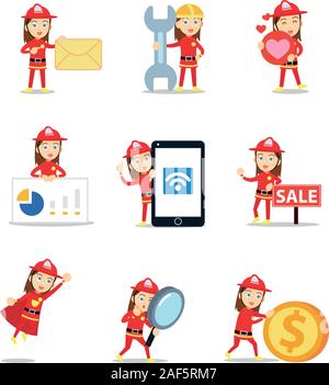 Impostare il carattere della donna nel lavoro vigile del fuoco. Illustrazione Vettoriale