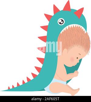 Carino baby boy con dinosauro costume design vettoriali Illustrazione Vettoriale