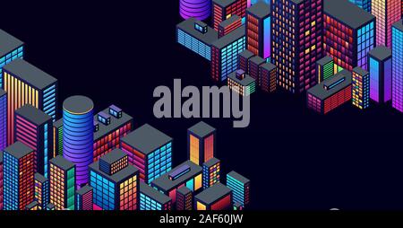 Sfondo con vista città con prospettiva isometrica e vibranti colori al neon Illustrazione Vettoriale