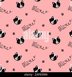 Modello senza giunture di bianco e nero con facce di gatto, stampe della zampa e meow scritte su sfondo rosa. Vector illustartion. Illustrazione Vettoriale