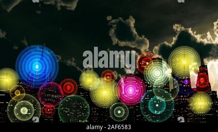 Segnale colorato Reti Wireless nella città di notte Foto Stock