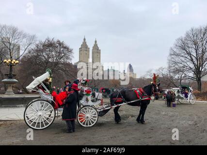 New York, Stati Uniti d'America. 04 Dic, 2019. In Central Park vi è un cavallo con un teso il carrello nella parte anteriore del quale un cocchiere parla per il trasporto degli ospiti. (Zu dpa: "Una volta in New York - tempo di Natale nel set del film") Credito: Benno Schwinghammer/dpa/Alamy Live News Foto Stock