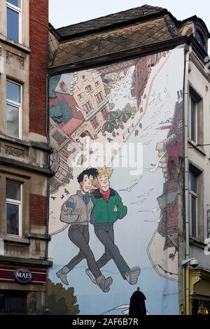 Murale con figure dal fumetto Brousaille da Frank Pe, Comic-Strip Route, Bruxelles, Belgio Foto Stock