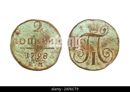 Russo moneta di rame 2 kopeks (kopeyka) 1798 Pavel teh isolato per la prima volta sullo sfondo bianco Foto Stock
