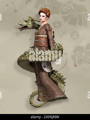 Warrior donne serie: Ragazza orientale in kimono con un drago attorcigliata intorno a lei Foto Stock