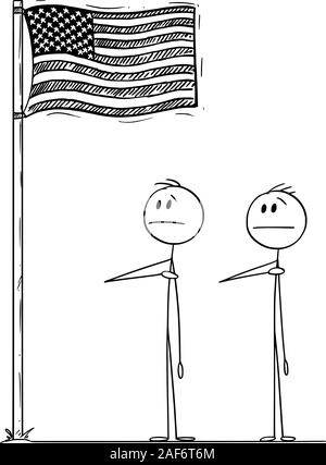Vector cartoon stick figura disegno illustrazione concettuale di due uomini o imprenditori o politici salutando gli Stati Uniti o la bandiera americana con la mano destra sul cuore. Illustrazione Vettoriale