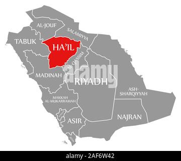 La grandine evidenziata in rosso nella mappa di Arabia Saudita Foto Stock