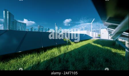 Moderna cornice nera pannello solare farm, l'energia della batteria di storage e di turbine eoliche sul verde e fresco di erba sotto il cielo blu - Concetto di verde e sostenibile Foto Stock