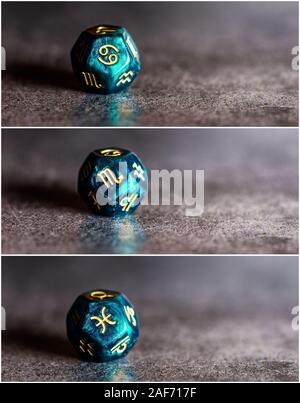 Collage foto di astro dadi con acqua segni zodiacali di Cancro, Scorpione e Pesci. Concetto di astrologia Foto Stock