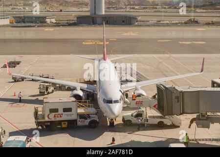 ISTANBUL, Turchia - 16 Settembre 2019: Turkish Airlines aeromobili parcheggiati nella nuova Istanbul Ataturk Airport Foto Stock