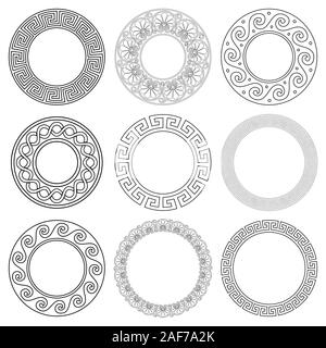 Il Greco antico mandala vector pattern impostato con corsa - seamless pattern chiave, il telaio e la raccolta di confine dalla Grecia per adulti libro da colorare Illustrazione Vettoriale