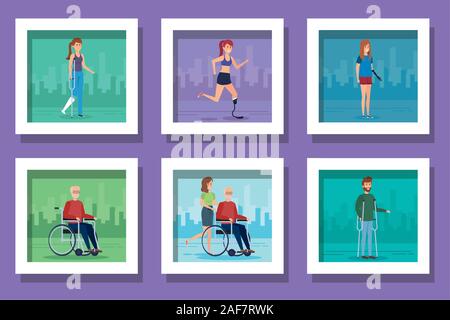Bundle di persone disabili scene Illustrazione Vettoriale