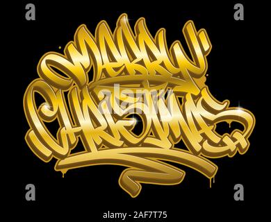 Buon Natale scritte biglietto di auguri in stile graffiti in colori dorati isolati su sfondo nero. Illustrazione Vettoriale