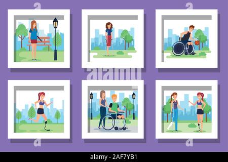 Bundle di persone disabili scene Illustrazione Vettoriale