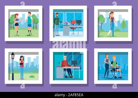 Bundle di persone disabili scene Illustrazione Vettoriale