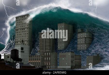 Apocalyptic drammatica scena, un gigantesco tsunami maremoto un crash di un città costiera, disastro naturale catastrofe, 3D render Foto Stock