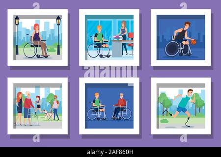 Bundle di persone disabili scene Illustrazione Vettoriale