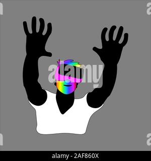 La realtà virtuale: uomo nero con colorati occhiali VR. Illustrazione Vettoriale su sfondo grigio. Immagine può essere utilizzato in biglietti di auguri, poster, volantini, banner, logo, ulteriore disegno etc. Illustrazione Vettoriale. EPS10 Illustrazione Vettoriale