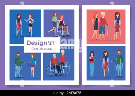 Sei modelli di persone disabili scene Illustrazione Vettoriale