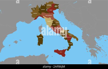 Mappa di Italia marrone vettore sfondo colorato. Modello per il sito web di pattern, relazione annuale, una infografica. Regioni mappa italiano. Illustrazione Vettoriale