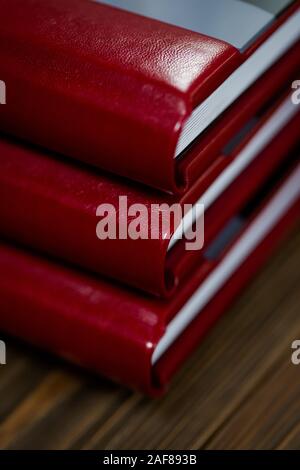 Vista dettagliata del libro aperto pagine. Album matrimonio particolare concetto di istruzione. Foto Stock