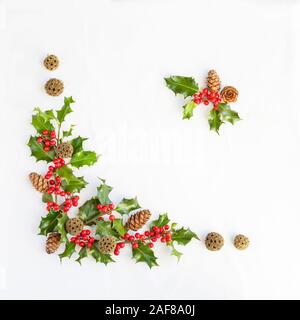 Agrifoglio naturale scheda di Natale sfondo con copia spazio per un messaggio di saluto festivo su bianco disposti come un angolo decorazione in formato quadrato Foto Stock