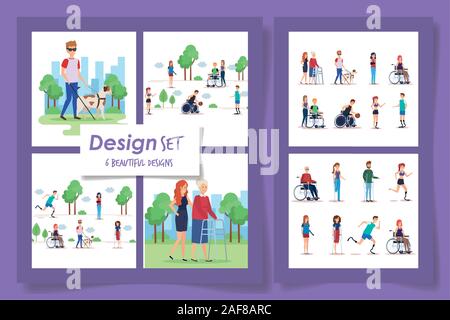 Sei modelli di persone disabili scene Illustrazione Vettoriale