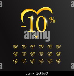 Valore sconti, 10 percento di vendita, numeri di oro e di cuore e di etichetta o il segno. Design per promozioni, sconti, offerte esclusive e vendite sul giorno di San Valentino Illustrazione Vettoriale