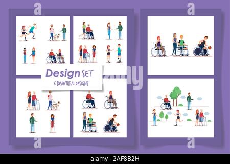 Sei modelli di persone disabili scene Illustrazione Vettoriale