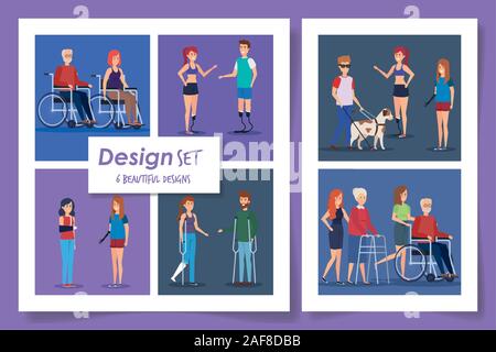 Sei modelli di persone disabili scene Illustrazione Vettoriale