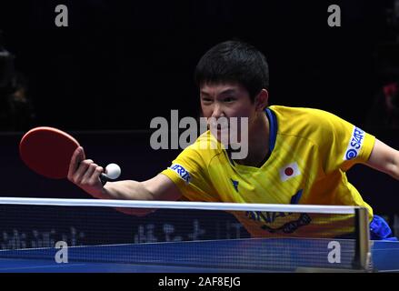 Zhengzhou, Cina. Xiii Dec, 2019. Harimoto Tomokazu del Giappone restituisce un colpo durante gli uomini singoli quarti contro Xu Xin della Cina al 2019 ITTF World Tour Grand Finals di Zhengzhou, Cina centrale, Dic 13, 2019. Credito: Li Un/Xinhua/Alamy Live News Foto Stock
