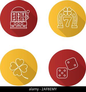 Casino lineare piana lunga ombra set di icone. Dadi, Lucky sette gioco, quattro Leaf Clover, slot machine. Vettore illustrazione di contorno Illustrazione Vettoriale