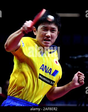 Zhengzhou, Cina. Xiii Dec, 2019. Harimoto Tomokazu del Giappone restituisce un colpo durante gli uomini singoli quarti contro Xu Xin della Cina al 2019 ITTF World Tour Grand Finals di Zhengzhou, Cina centrale, Dic 13, 2019. Credito: Li Un/Xinhua/Alamy Live News Foto Stock