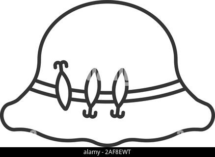 Fisherman's hat con ganci icona lineare. Attrezzature per la pesca. Linea sottile illustrazione. Simbolo di contorno. Il vettore isolato disegno di contorno Illustrazione Vettoriale