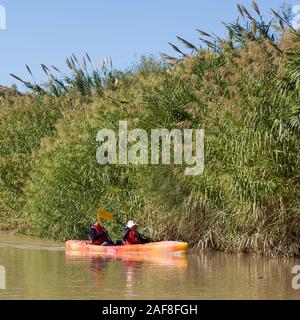 In canoa sul fiume Rio Grande, che scorre a nord-est nei pressi di Rio Grande villaggio, parco nazionale di Big Bend, Texas. Carrizo invasiva della canna da zucchero in banca. Foto Stock